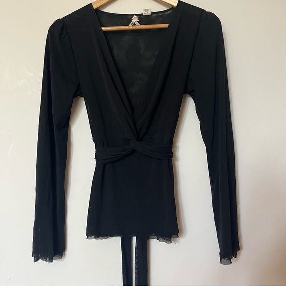 Maeve Black Nylon Front Tie Low Cut Long Sleeve Top PP - Picture 1 of 5